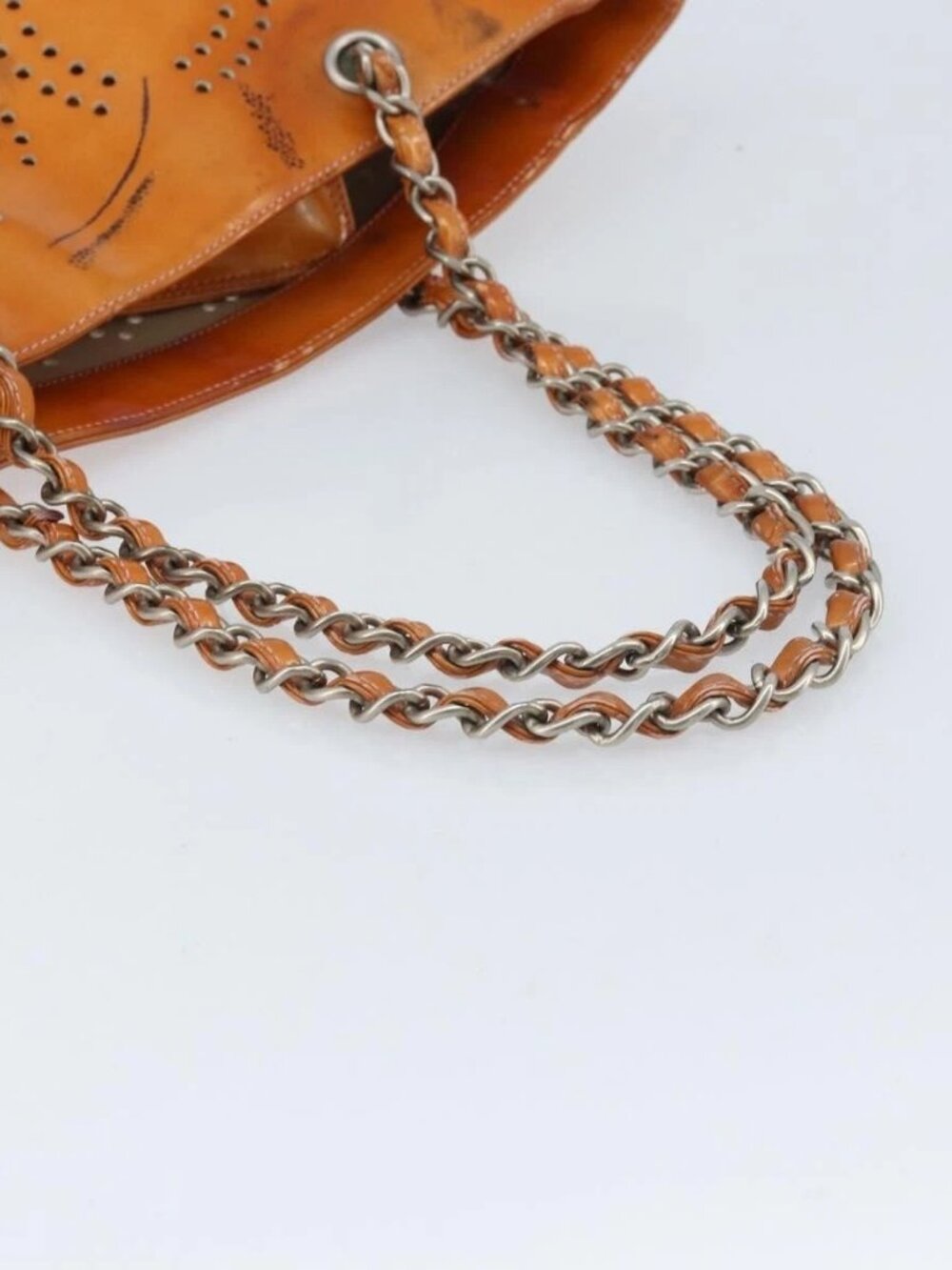 CHANEL Chain Tote Bag Patent leather Orange Silver CC Auth 169018 - Picture 8 of 16
